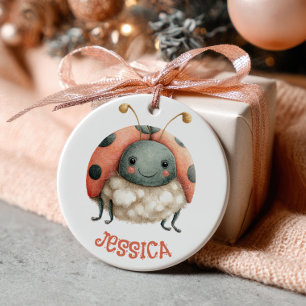 Cute Watercolor Ladybug Pattern with Photo Pastel  Ceramic Tree Decoration