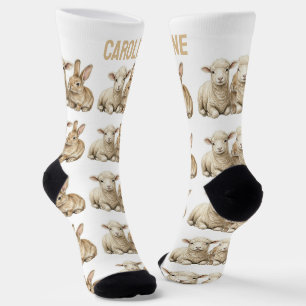 Cute Watercolor Lamb & Bunny with Custom Name Socks