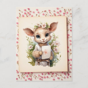 Cute Watercolor Lamb holding a letter - Postcard