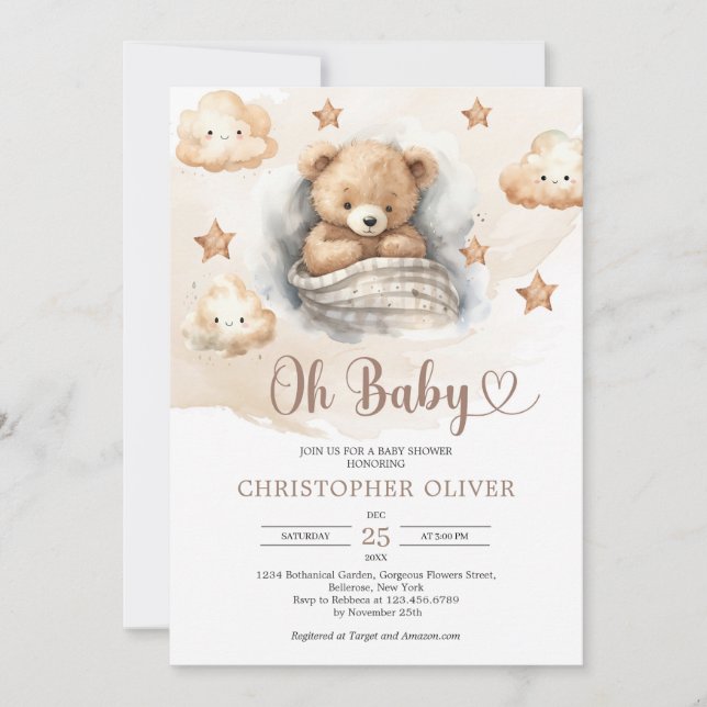 Cute Watercolor light brown sleeping teddy bear  Invitation (Front)