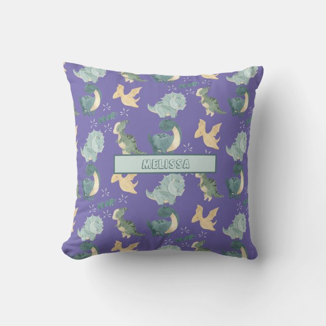 Cute Watercolor Light Purple Dinosaur Pattern Cushion (Front)