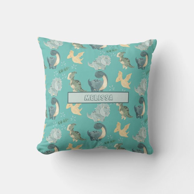 Cute Watercolor Light Teal Dinosaur Pattern Cushion (Front)
