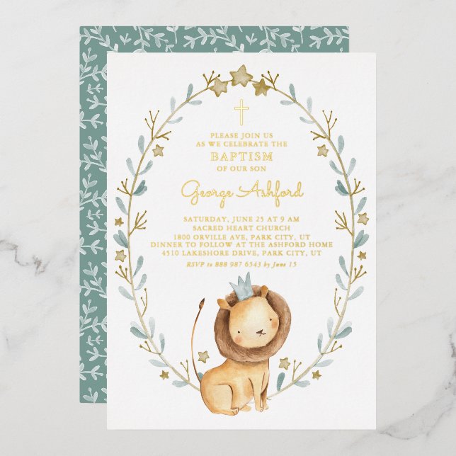 Cute Watercolor Lion Prince Baby Boy Baptism (Front/Back)