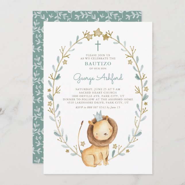 Cute Watercolor Lion Prince Baby Boy Bautizo Invitation (Front/Back)