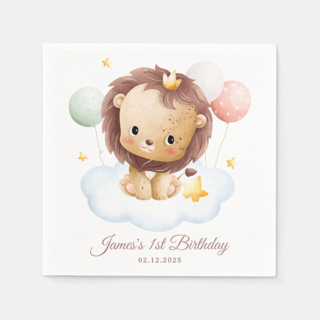 Cute Watercolor Lion Prince Kids Birthday Napkin (Front)