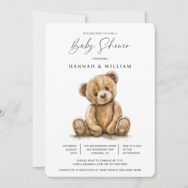Cute Watercolor Little Bear Gender Neutral Invitation (Front)