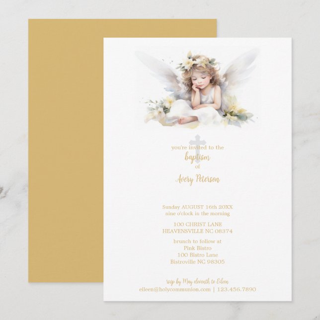 Cute Watercolor Little Girl Angel Cross Baptism Invitation (Front/Back)