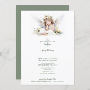 Cute Watercolor Little Girl Angel Cross Baptism Invitation