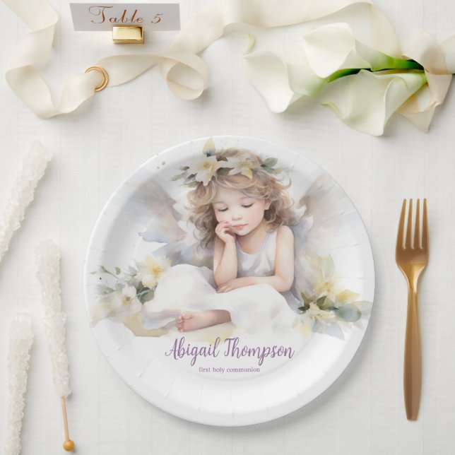 Cute Watercolor Little Girl Angel Religious Paper Plate (Wedding)