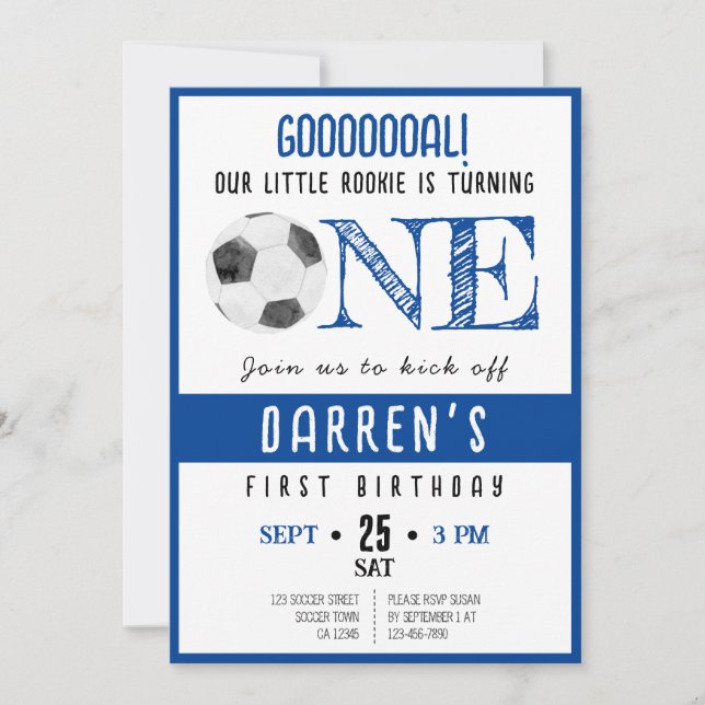 Cute Watercolor Little Rookie Soccer 1st Birthday Invitation (Front)
