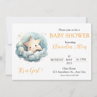 Cute Watercolor Little Star in Blue Clouds Invitation