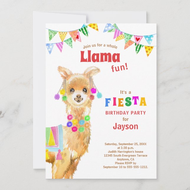 Cute Watercolor Llama Birthday Fiesta Invitation (Front)