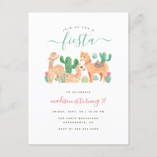 Cute Watercolor Llama Fiesta Kids Birthday Invitation Postcard