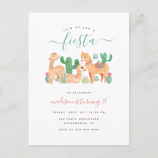 Cute Watercolor Llama Fiesta Kids Birthday Invitation Postcard (Front)