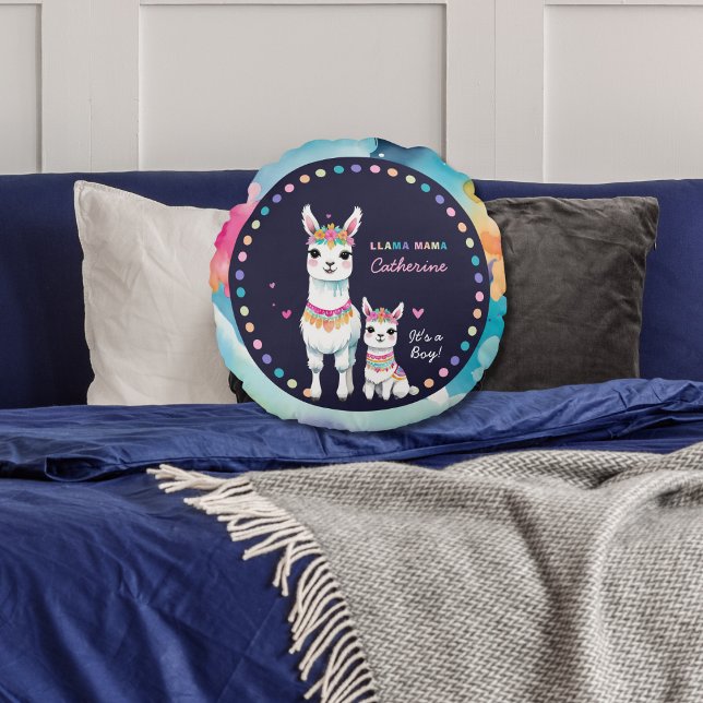 Cute Watercolor Llama Mama Mexican Baby Shower Round Cushion (Creator Uploaded)