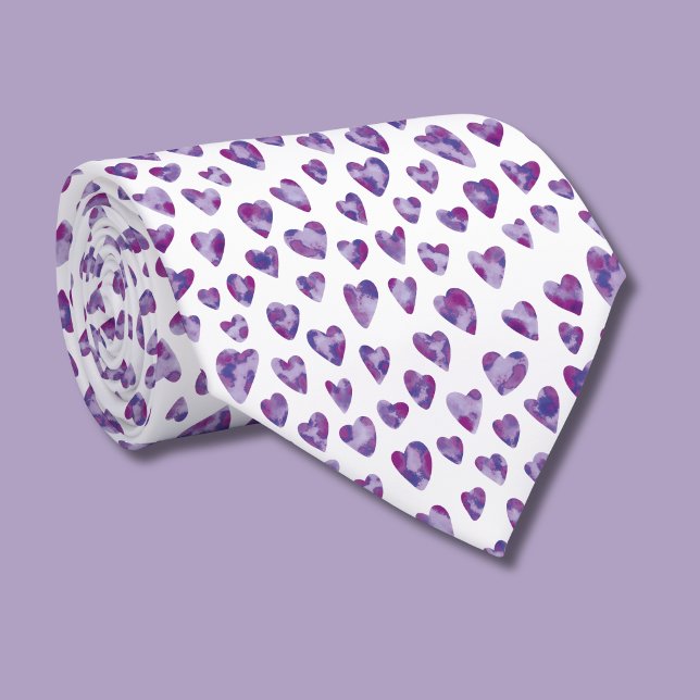 Cute Watercolor Love Heart Pattern Tie (Purple love heart watercolor pattern tie)