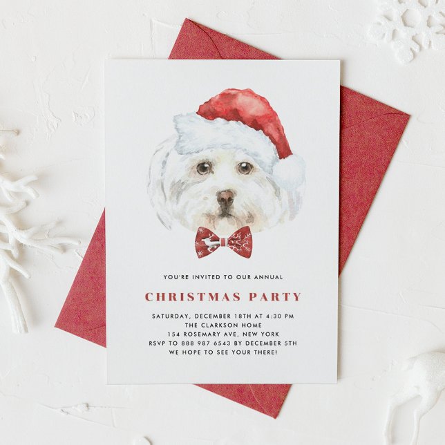 Cute Watercolor Maltese Santa Christmas Party Invitation (Creator Uploaded)