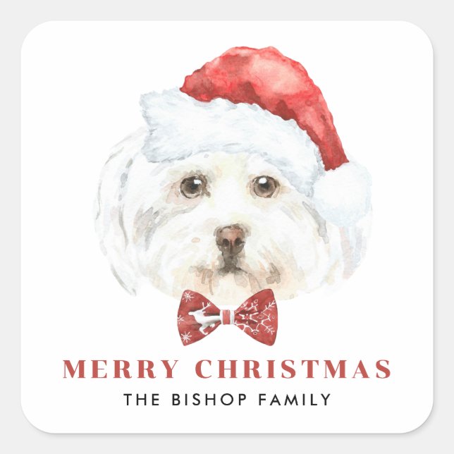 Cute Watercolor Maltese Santa Hat Merry Christmas Square Sticker (Front)