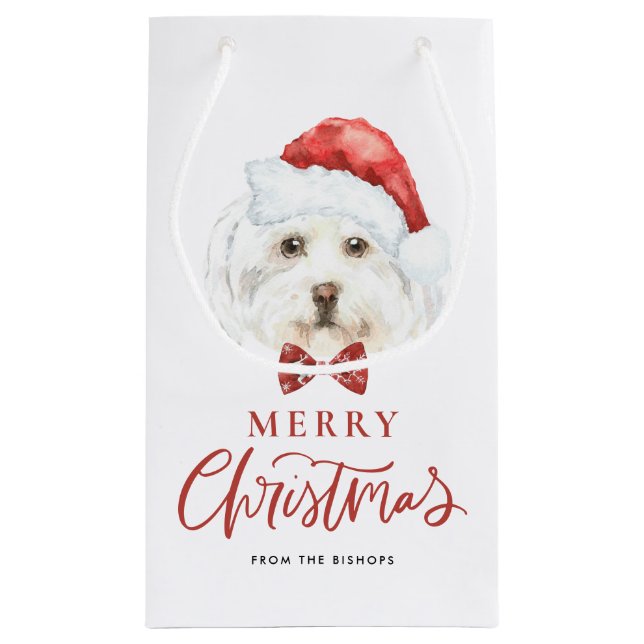 Cute Watercolor Maltese Santa Merry Christmas Small Gift Bag (Back)