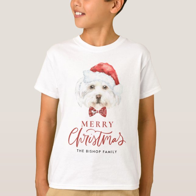 Cute Watercolor Maltese Santa Merry Christmas T-Shirt (Front)
