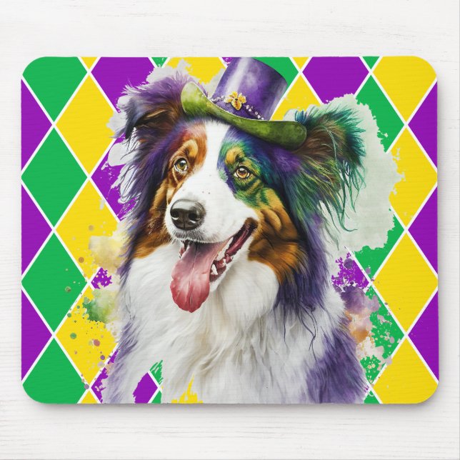 CUTE WATERCOLOR MARDI GRAS COLLIE DOG MOUSE PAD (Front)