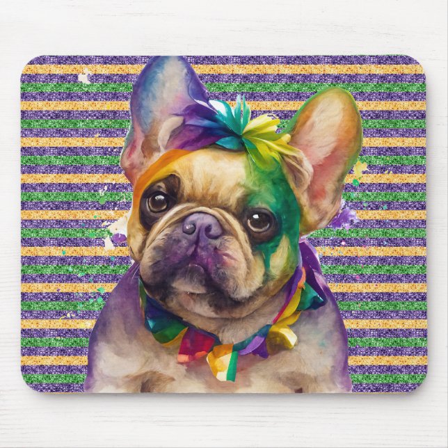 CUTE WATERCOLOR MARDI GRAS FRENCH BULLDOG DOG MOUSE PAD (Front)