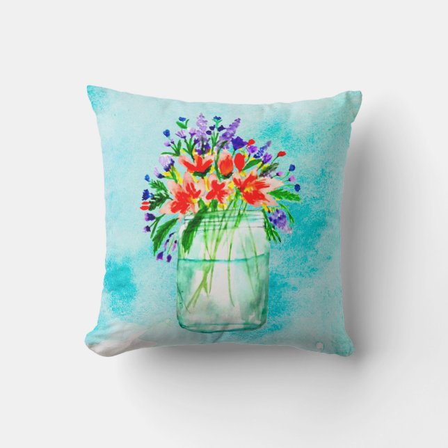 Cute Watercolor Mason Jar Peach Purple Flowers Cushion (Front)