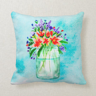 Cute Watercolor Mason Jar Peach Purple Flowers Cushion