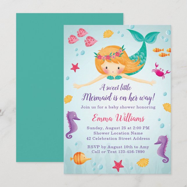 Cute Watercolor Mermaid Girl Baby Shower Invitation (Front/Back)