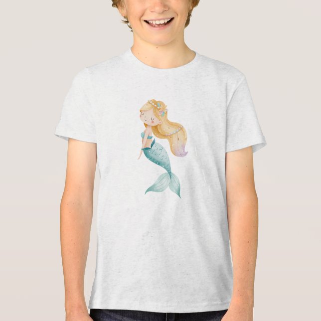 Cute Watercolor Mermaid Girl Illustration Tri-Blend Shirt (Front)