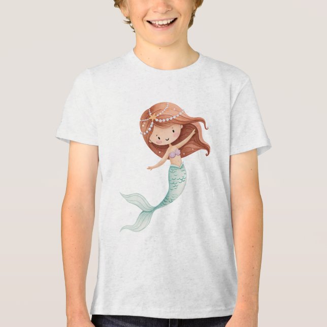 Cute Watercolor Mermaid Illustration Tri-Blend Shirt (Front)