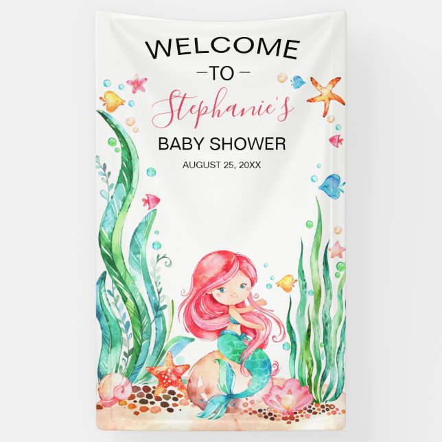 Cute Watercolor Mermaid Under the Sea Baby Shower Banner (Vertical)