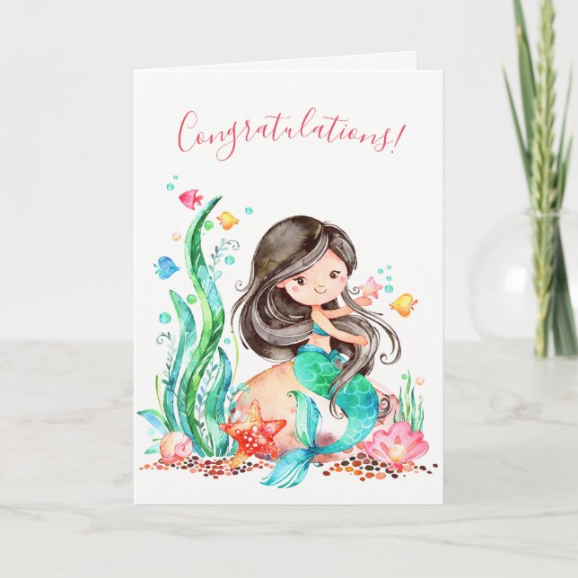 Cute Watercolor Mermaid Under the Sea Baby Shower  Card (Front)