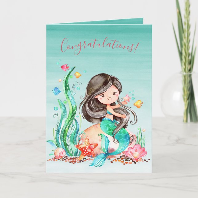 Cute Watercolor Mermaid Under the Sea Baby Shower  Card (Front)