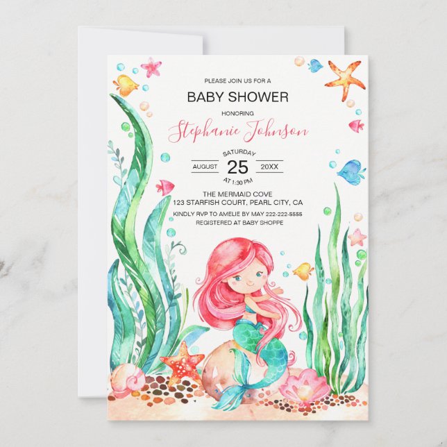 Cute Watercolor Mermaid Under the Sea Baby Shower Invitation (Front)