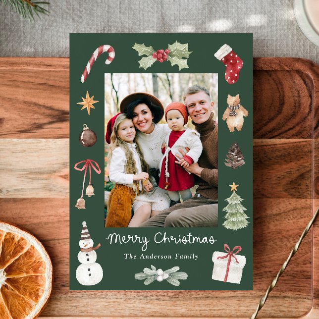 Cute Watercolor Merry Christmas Green Family Photo Holiday Card (Creator Uploaded)