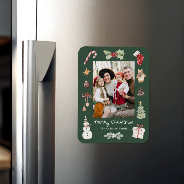 Cute Watercolor Merry Christmas Green Family Photo Magnet (Creator Uploaded)