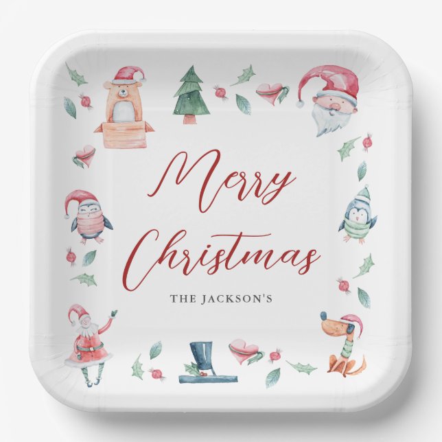 Cute Watercolor Merry Christmas Personalised  Paper Plate (Front)