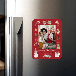 Cute Watercolor Merry Christmas Red Family Photo Magnet