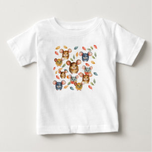 Cute Watercolor Mice and Autumn Leaves Pattern Baby T-Shirt