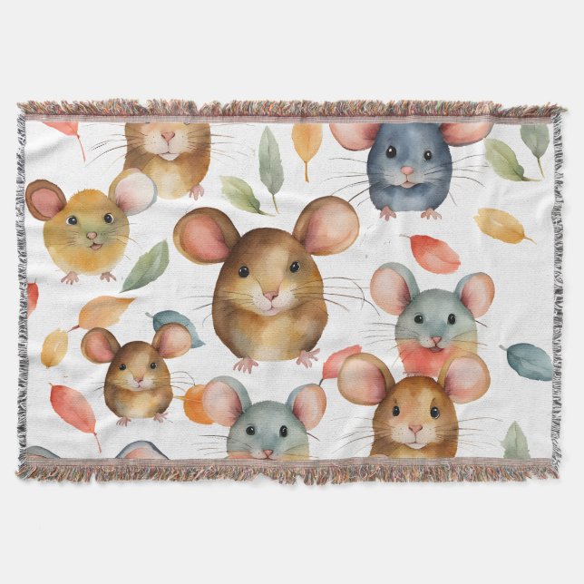 Cute Watercolor Mice and Autumn Leaves Pattern Throw Blanket (Front)