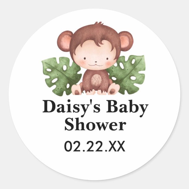 Cute Watercolor Monkey Baby Shower Classic Round Sticker (Front)
