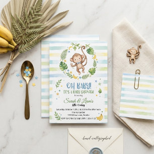 Cute Watercolor Monkey Jungle Baby Shower Invitation