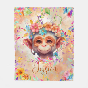 Cute Watercolor Monkey with flowers Fleece Blanket