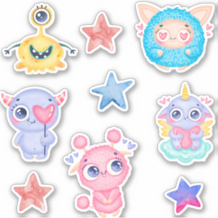 Cute watercolor monsters sticker pack