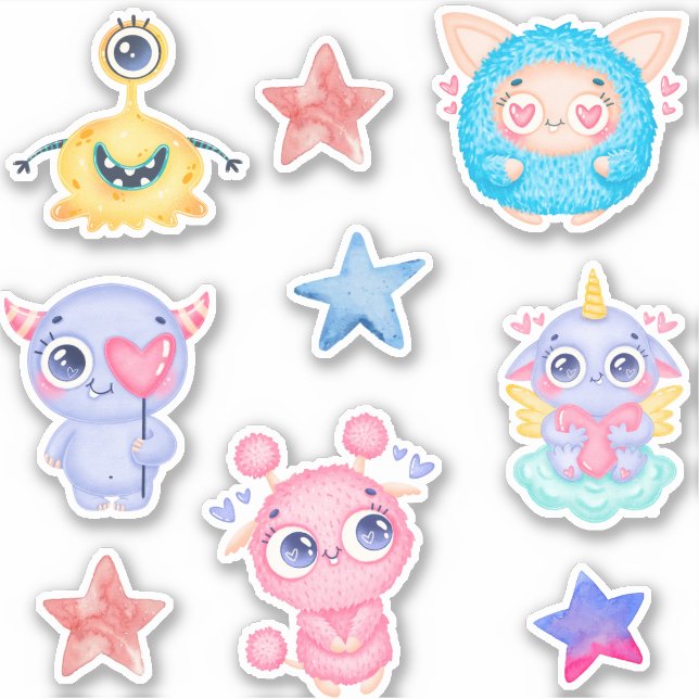 Cute watercolor monsters sticker pack (Front)