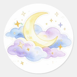 Cute Watercolor Moon Clouds Stars Pastel Celestial Classic Round Sticker