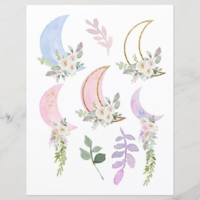 Cute Watercolor Moon & Floral Cutouts for Journal (Front)