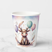 Cute Watercolor Moose with Balloons Birthday 