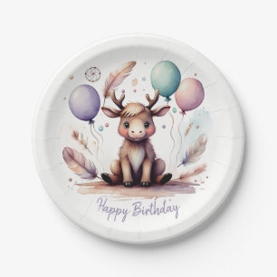 Cute Watercolor Moose with Balloons Birthday Paper Plate